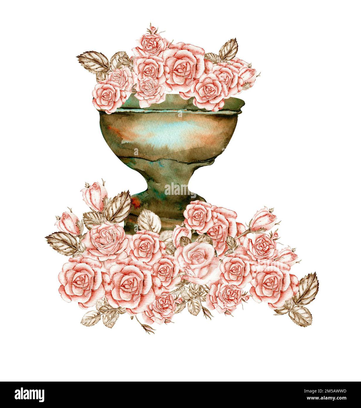 Acquerello illustrazione di elemento arrugginito con rose. Un vecchio elemento di smalto arrugginito. Disegnato a mano in acquerello su sfondo bianco. Foto Stock