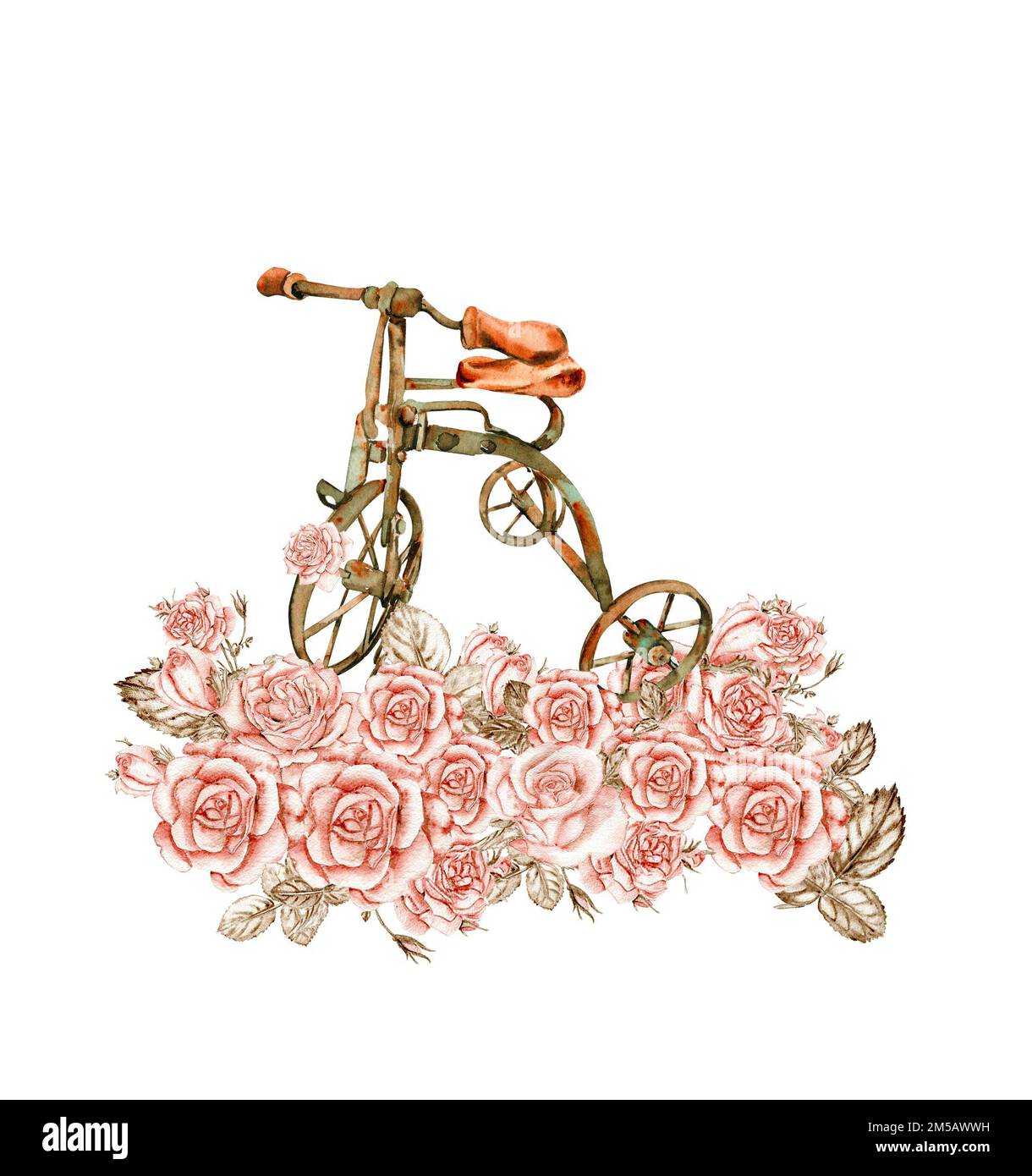 Acquerello illustrazione di elemento arrugginito con rose. Un vecchio elemento di smalto arrugginito. Disegnato a mano in acquerello su sfondo bianco. Foto Stock