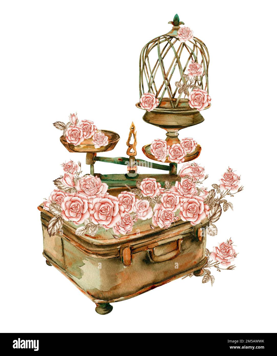 Acquerello illustrazione di elemento arrugginito con rose. Un vecchio elemento di smalto arrugginito. Disegnato a mano in acquerello su sfondo bianco. Foto Stock