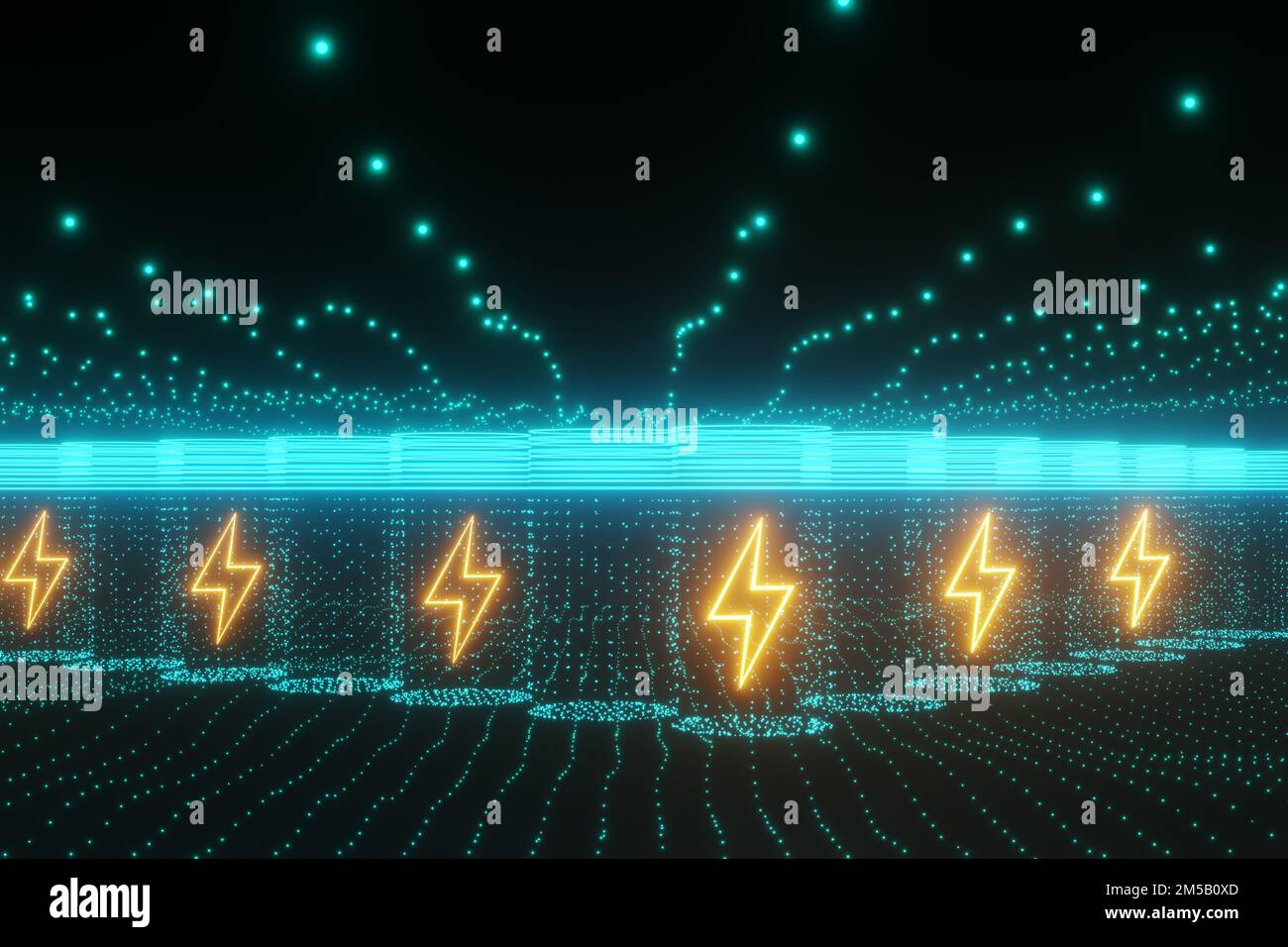 Un mucchio di batterie e simboli del flash creati da luci al neon punteggiate. Batterie per veicoli elettrici (EV), batterie di nuova generazione e batterie futuristiche Foto Stock