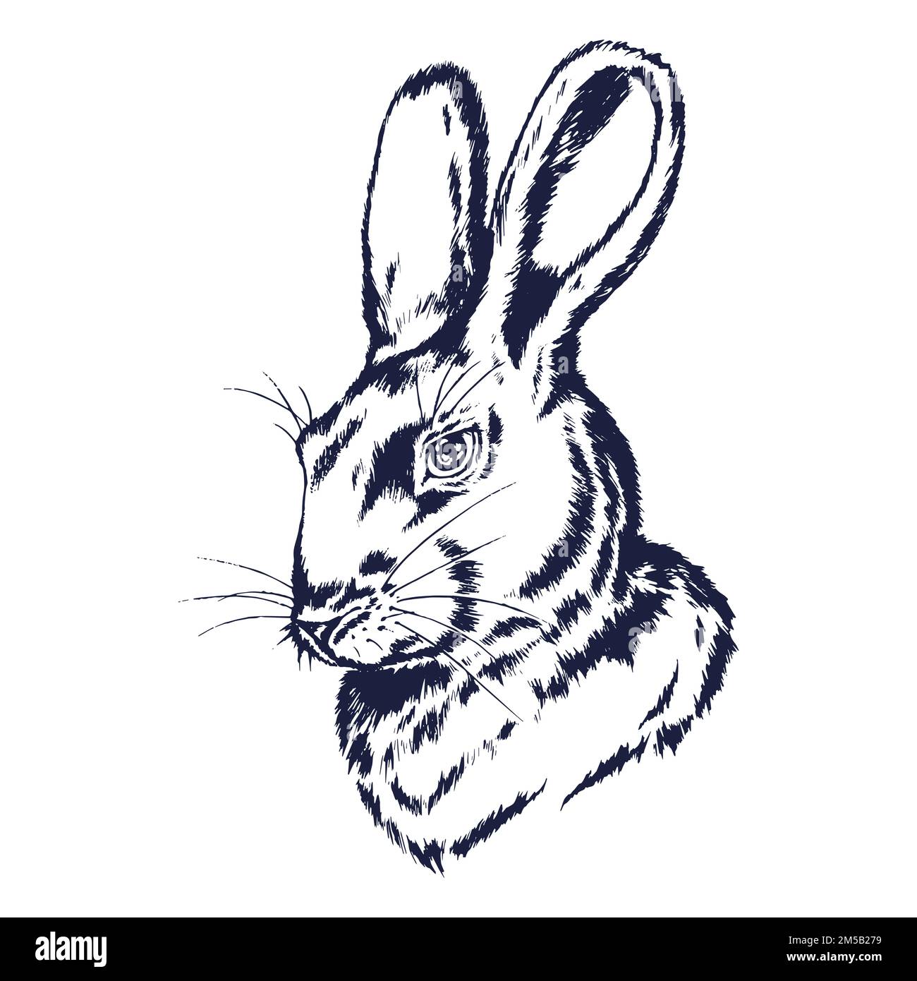 Ritratto disegnato a mano di un coniglio. Schizzo della testa di coniglio. Coniglio incorniciato con brushstroke e fiori di iride. Illustrazione Vettoriale