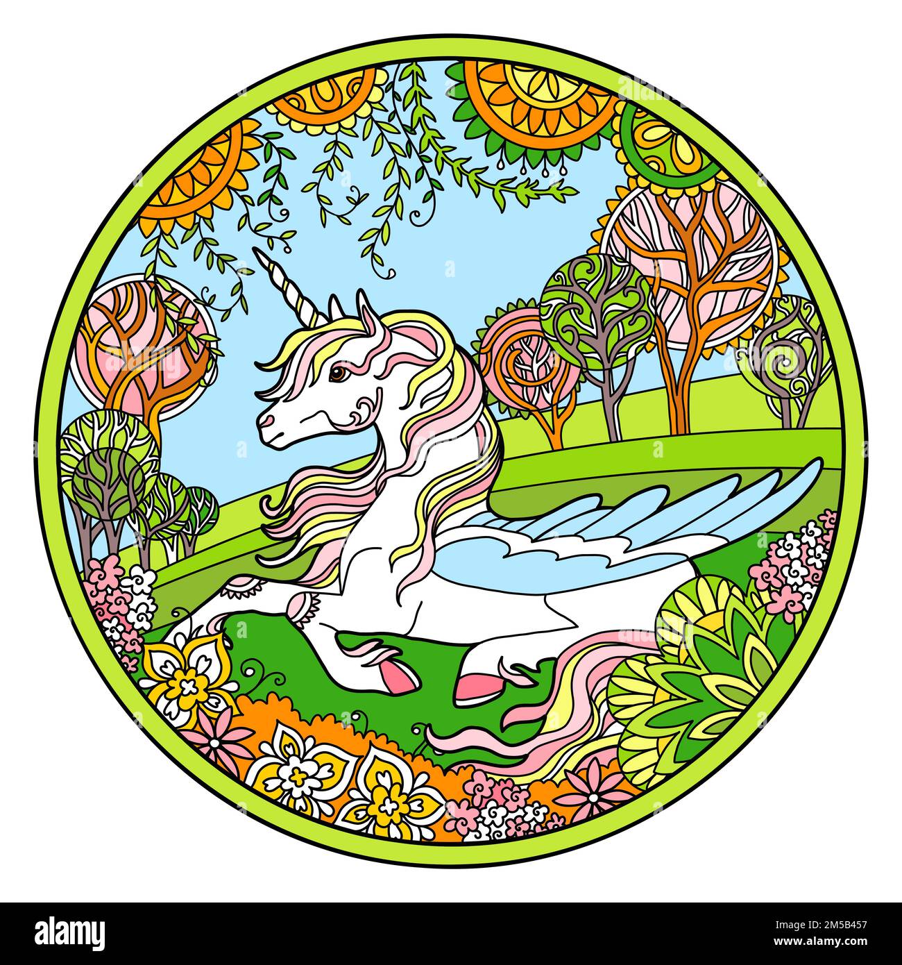 Pegasus in forma rotonda con cornice floreale. Immagine a colori con cavallo fantasy disegnato in stile groviglio. Disegno di schizzo a mano libera antistress. Illustrazione vettoriale. Illustrazione Vettoriale