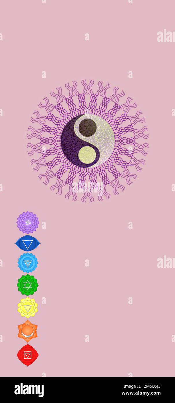 Simboli Chakra e simboli di geometria sacra isolati su sfondo a colori con spazio di copia per il disegno Foto Stock