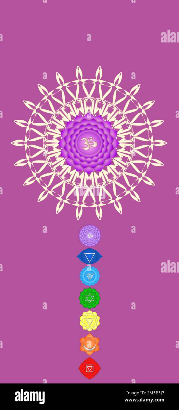 Simboli Chakra e simboli di geometria sacra isolati su sfondo a colori con spazio di copia per il disegno Foto Stock