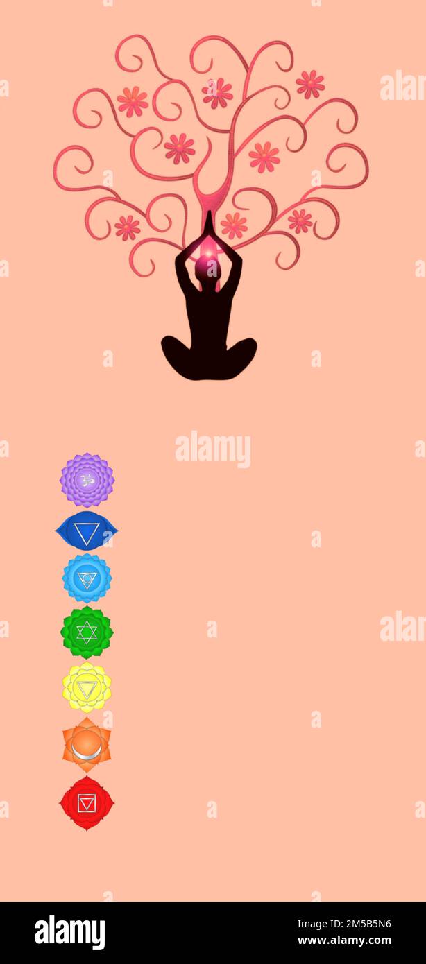 Simboli Chakra e simboli di geometria sacra isolati su sfondo a colori con spazio di copia per il disegno Foto Stock