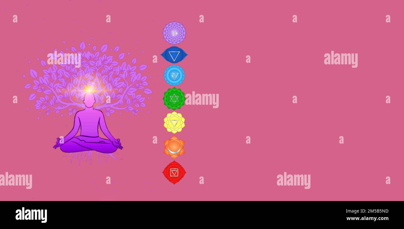 Simboli Chakra e simboli di geometria sacra isolati su sfondo a colori con spazio di copia per il disegno Foto Stock