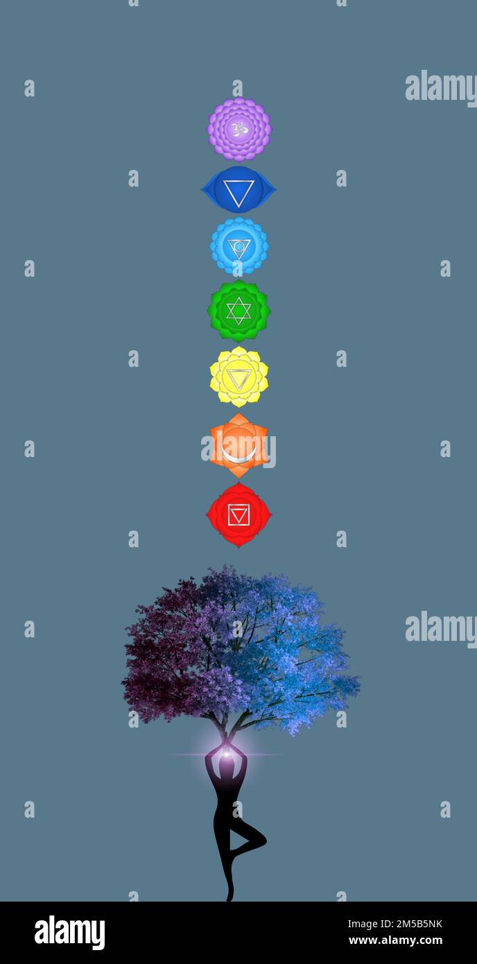 Simboli Chakra e simboli di geometria sacra isolati su sfondo a colori con spazio di copia per il disegno Foto Stock