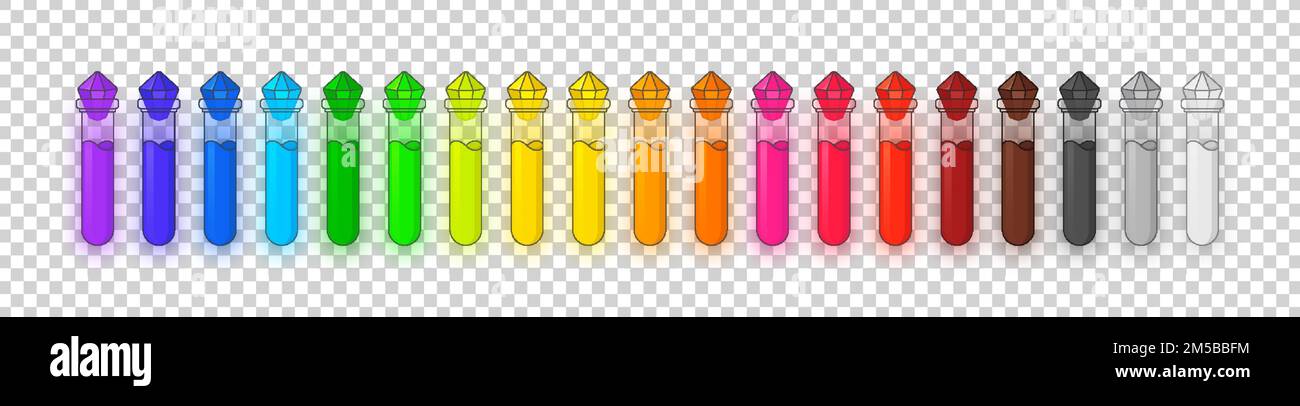 Set di matracci vettoriali in vetro Magic elixir. Tubi di pozione cartoon posti dal colore dell'arcobaleno. Bottiglie colorate wizard. Apparecchiature mago Illustrazione Vettoriale