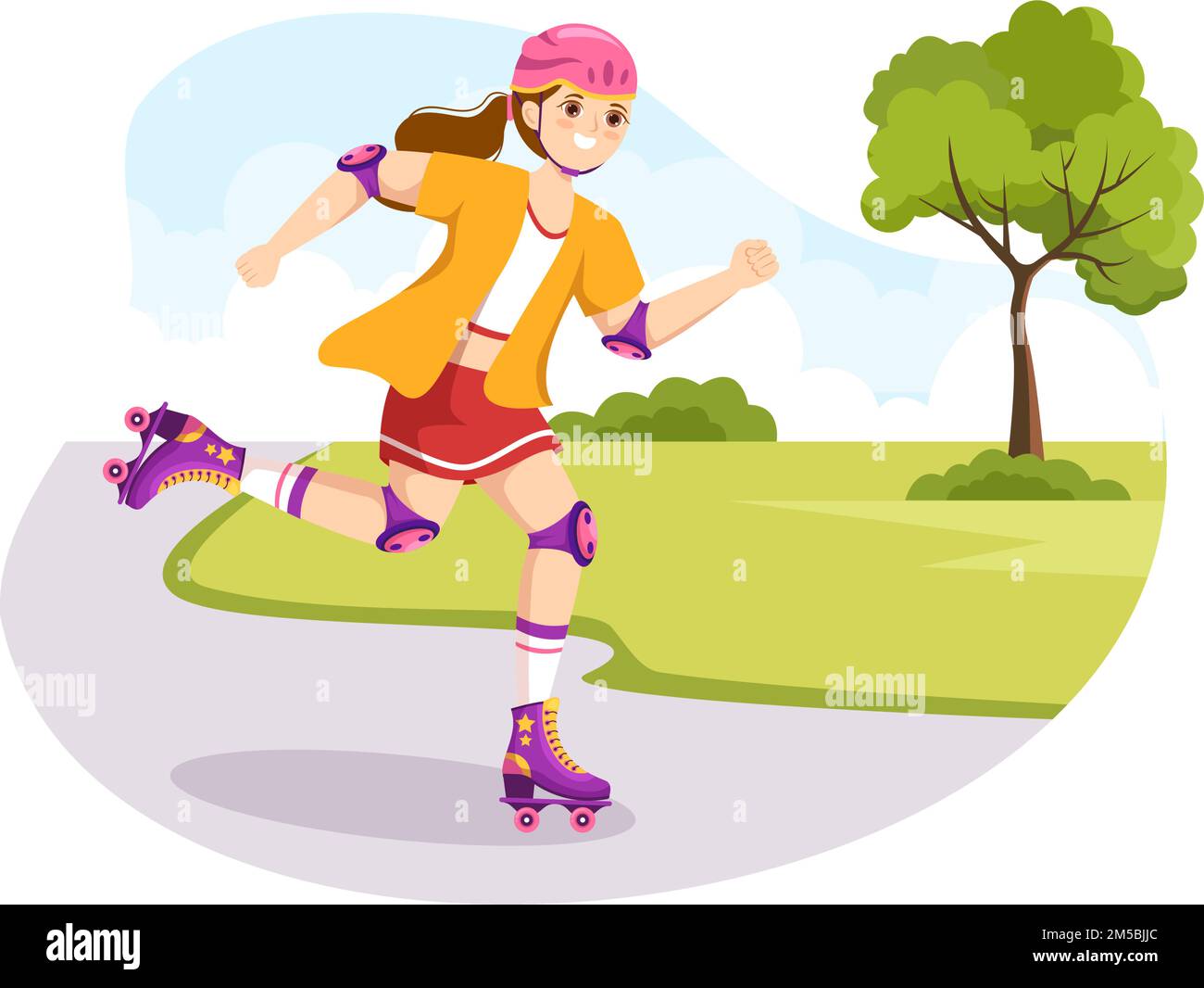 Persone Riding Roller Skates in City Park per attività all'aperto, Sport Recreation o Weekend Recreation in Cartoon Hand Drawed Template Illustration Illustrazione Vettoriale