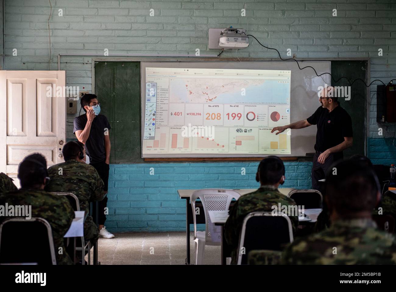 I soldati dell'Esercito Equadoriano ricevono un addestramento in classe in preparazione all'utilizzo di nuove attrezzature di sminamento dagli Stati Uniti Comando Meridionale il 23 febbraio 2022, a Sangolquí, Ecuador. Le attrezzature saranno utilizzate per contribuire a liberare l'ultima parte rimanente del confine meridionale del paese in modo che possa essere restituita alla popolazione locale per l'agricoltura e altre attività. Foto Stock