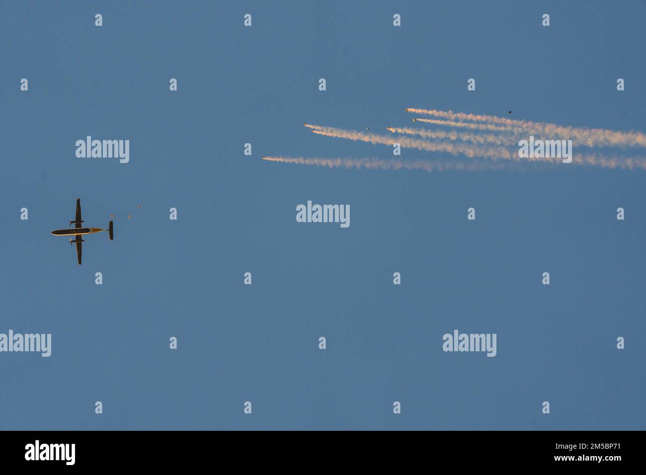 Membri degli Stati Uniti La squadra del paracadute dell'esercito salta dall'aeromobile C-147A a Homestead, Florida, il 24 febbraio 2022. USAPT sta conducendo il proprio ciclo di certificazione annuale per la prossima stagione. Foto Stock