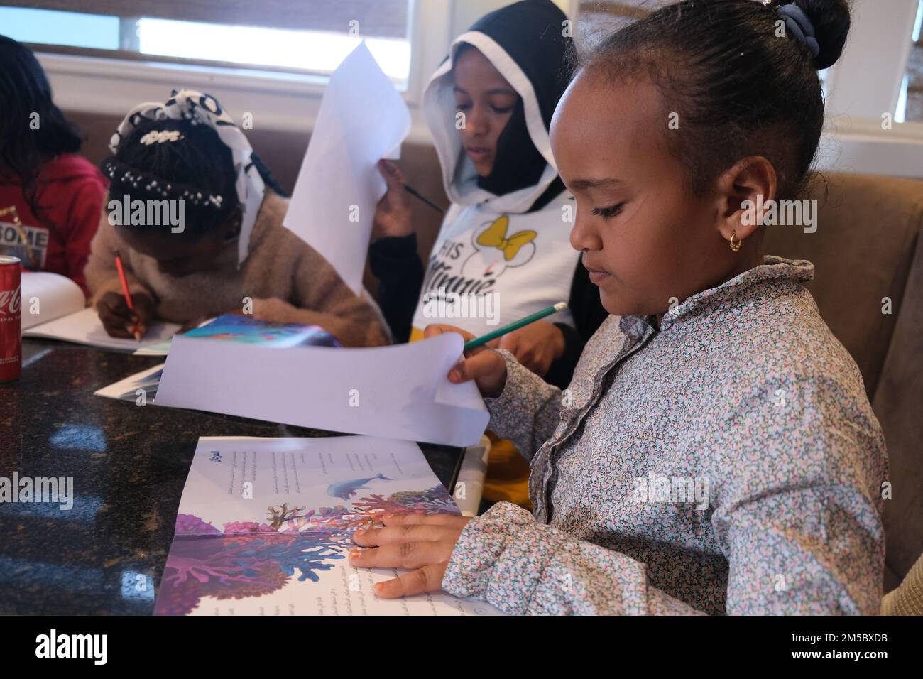 Gli studenti di Bio Boat di HEPCA, un’aula galleggiante finanziata dall’USAID che incoraggia gli studenti a diventare leader nella protezione ambientale, a raccogliere campioni, utilizzare microscopi, eseguire test ed esperimenti e ad impegnarsi in attività che supportano il loro continuo apprendimento della biologia marina e dell’ambiente in generale. Foto Stock