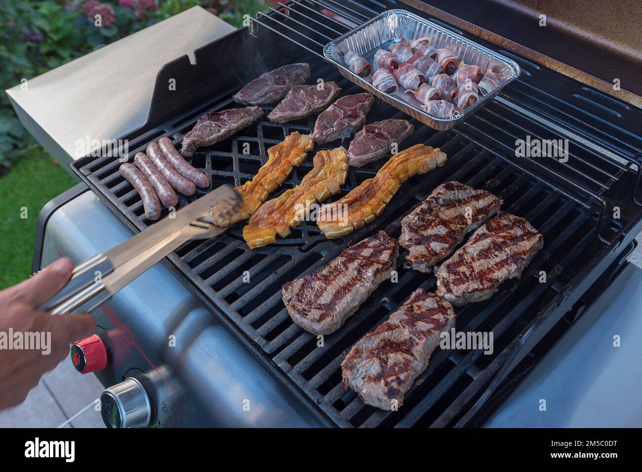 Vari tipi di carne su una griglia a gas, Baviera, Germania Foto Stock