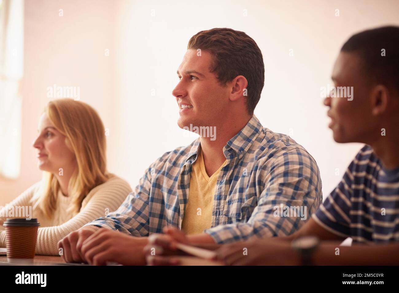 Il loro viaggio avanti è pieno di tante possibilità. un gruppo di studenti universitari seduti in classe. Foto Stock