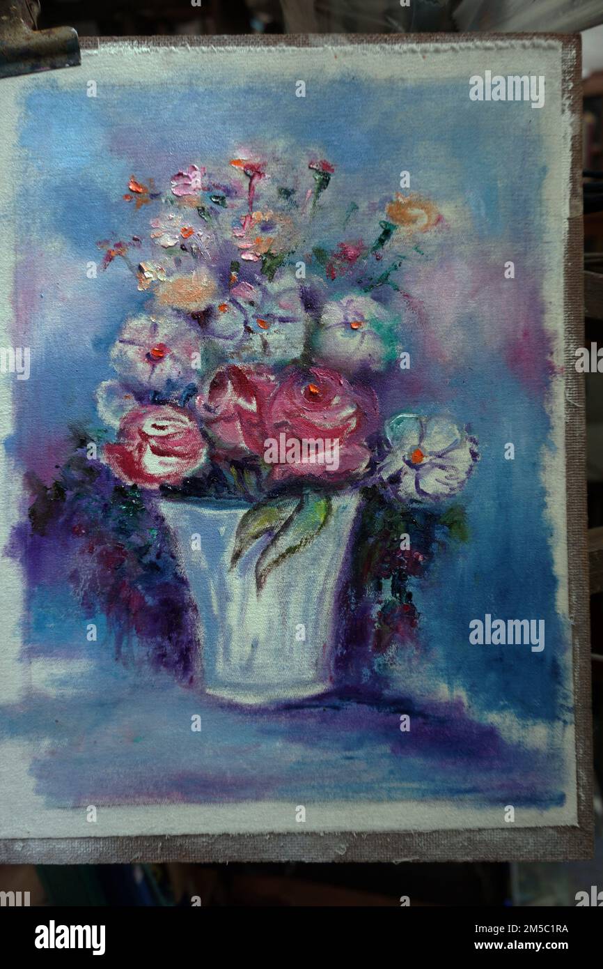 arte olio pittura fiore in vaso Foto Stock