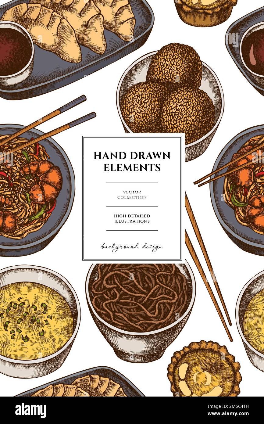 Disegno di scheda di modello asiatico dell'alimento. Jiaozi, jian dui, crostata d'uovo, tagliatelle di gamberetti, zuppa d'uovo, ciotola di tagliatelle. Illustrazione Vettoriale
