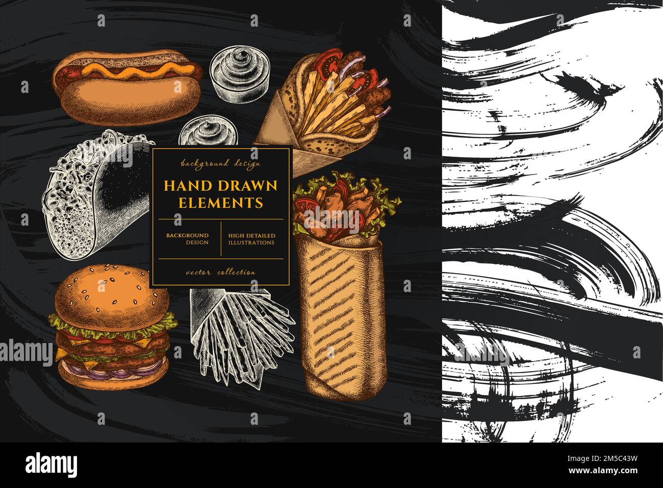 Street food Square card o invito design. Struttura con salse, gyros, hamburger, taco, shawarma, patatine fritte, hot dog. Illustrazione Vettoriale