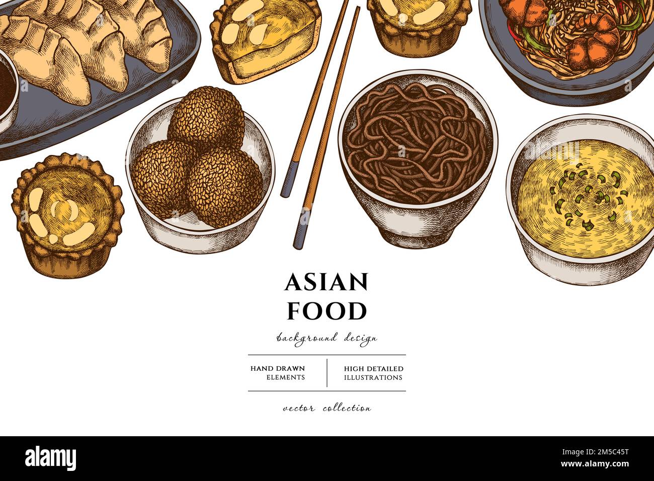 Disegno di illustrazione disegnato a mano dell'alimento asiatico. Sfondo con retrò jiaozi, jian dui, crostata d'uovo, tagliatelle con gamberi, zuppa d'uovo, ciotola di tagliatelle. Illustrazione Vettoriale