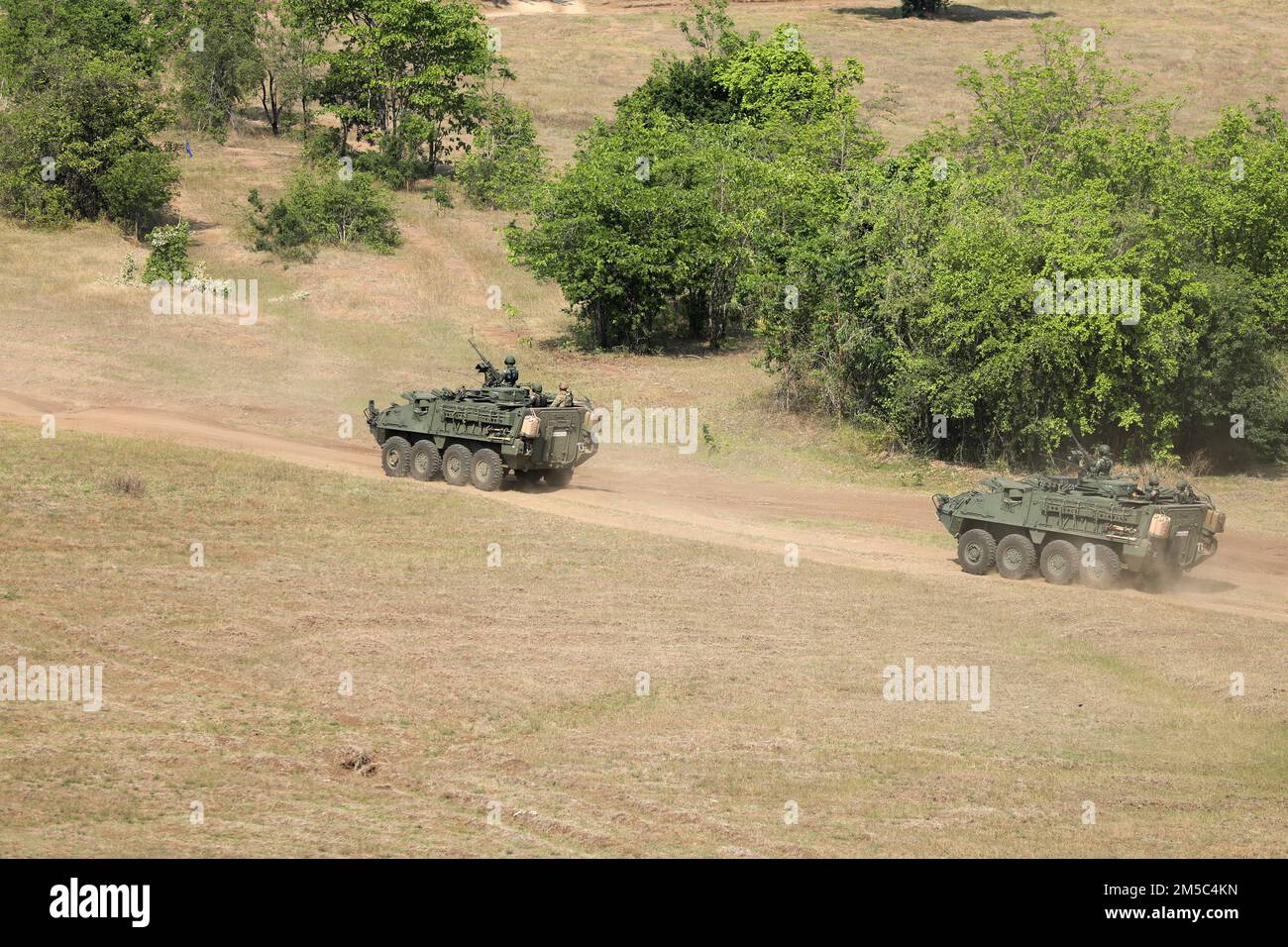 I membri del reggimento di fanteria del 112th, Royal Thai Army, iniziano il loro movimento nell'esercizio del fuoco secco su M1129 sistemi di Malta Stryker come parte di Cobra Gold 2022 nella Provincia di Lopburi del Regno di Thailandia, 26 febbraio 2022. CG 22 è l'iterazione 41st dell'esercizio di formazione internazionale che sostiene la prontezza e sottolinea il coordinamento sull'azione civile, l'assistenza umanitaria e l'aiuto alle catastrofi. Dal 22 febbraio al 4 marzo 2022, questo evento annuale che si svolge in varie località del Regno di Thailandia aumenta la capacità, la capacità e l'interoperabilità di parte Foto Stock