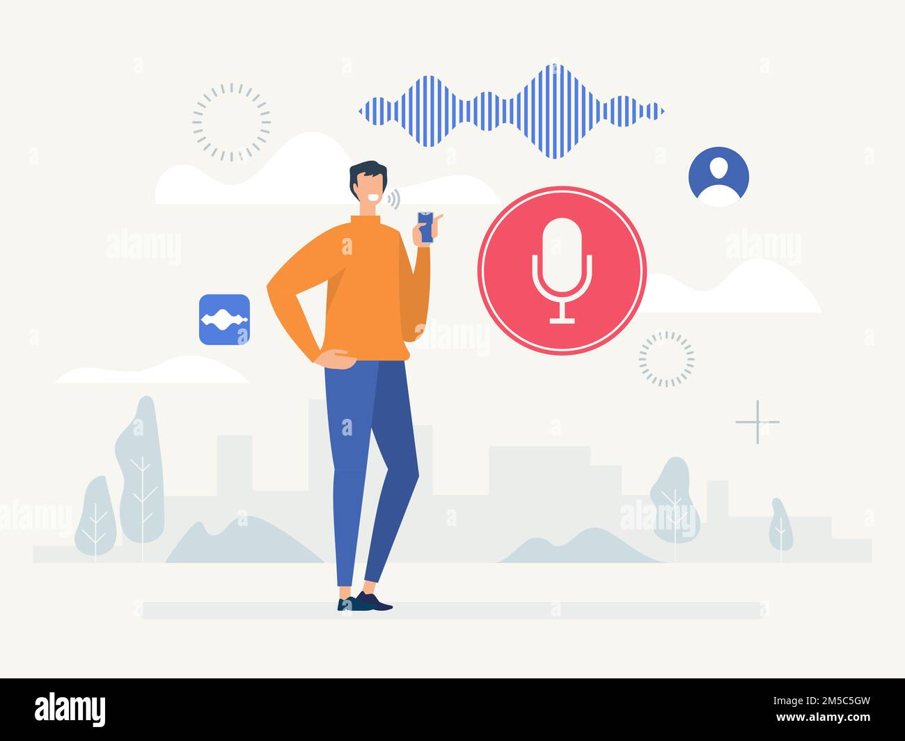 Riconoscimento vocale. Concetto di tecnologia a onde sonore con riconoscimento vocale personale intelligente. Illustrazione piatta vettoriale Illustrazione Vettoriale