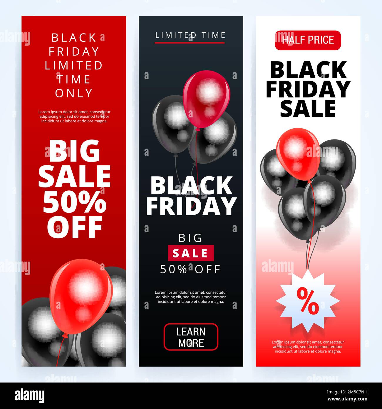 Black Friday Vendita Banner verticali set. Palloncini lucidi volanti su sfondo bianco e rosso. Illustrazione vettoriale. Illustrazione Vettoriale