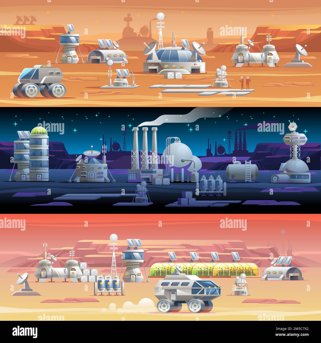 Colonizzazione Marte Astronomia colonizzazione dello spazio esplorazione del sistema solare le prime colonie Stazione astronauta del pianeta spaziale illustrazione vettoriale Illustrazione Vettoriale