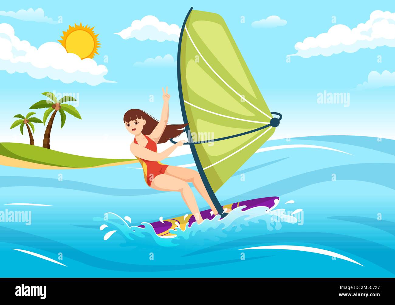 Windsurf con la persona in piedi sulla barca a vela e tenendo la vela in Extreme Water Sport Flat Cartoon modelli disegnati a mano Illustrazione Illustrazione Vettoriale