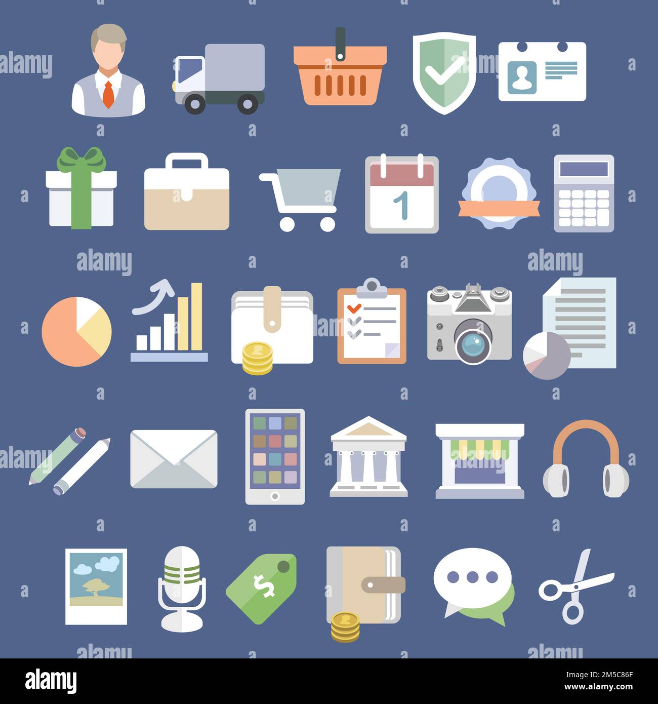 Icone piatte impostate. Icone e simboli vettoriali sulla gestione aziendale o sull'analisi e sul tema dell'e-commerce. Illustrazione Vettoriale