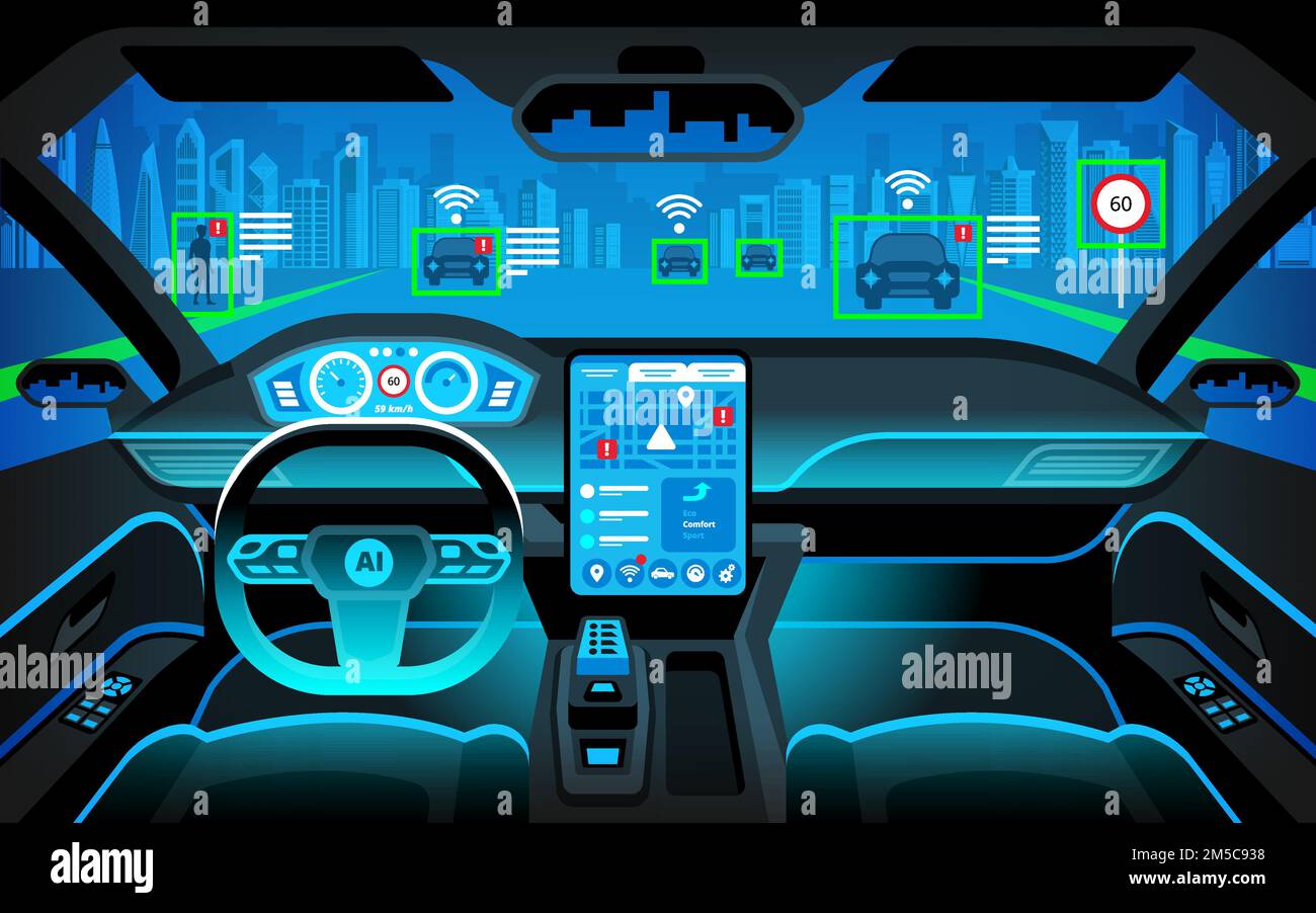 Abitacolo di auto autonoma. veicolo con guida autonoma. Intelligenza artificiale in viaggio. Display head-up (HUD) e varie informazioni. Abitacolo del veicolo. Illustrazione Vettoriale