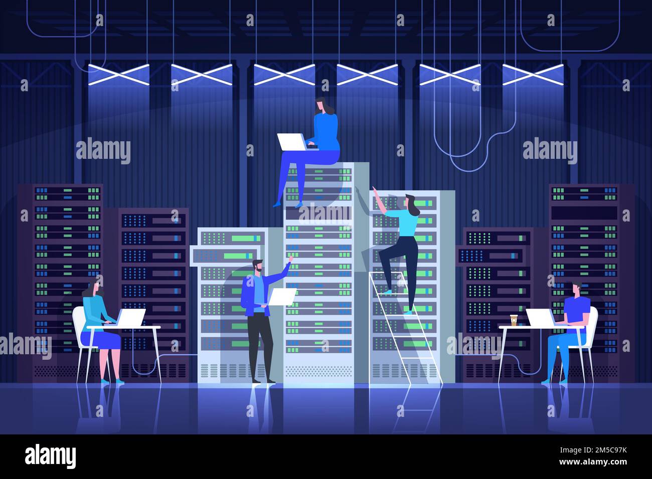 Sala server. Amministrazione del sistema. Centro di controllo. Persone che lavorano e gestiscono la tecnologia IT. Illustrazione piatta vettoriale Illustrazione Vettoriale