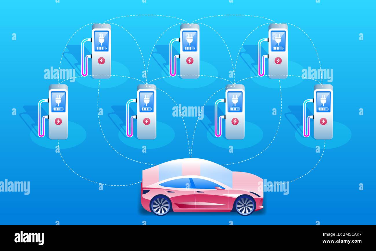 Rete di auto elettriche e stazioni di ricarica. Concetto di elettromobilità e-motion. Rete dei caricabatteria elettrici. Illustrazione Vettoriale