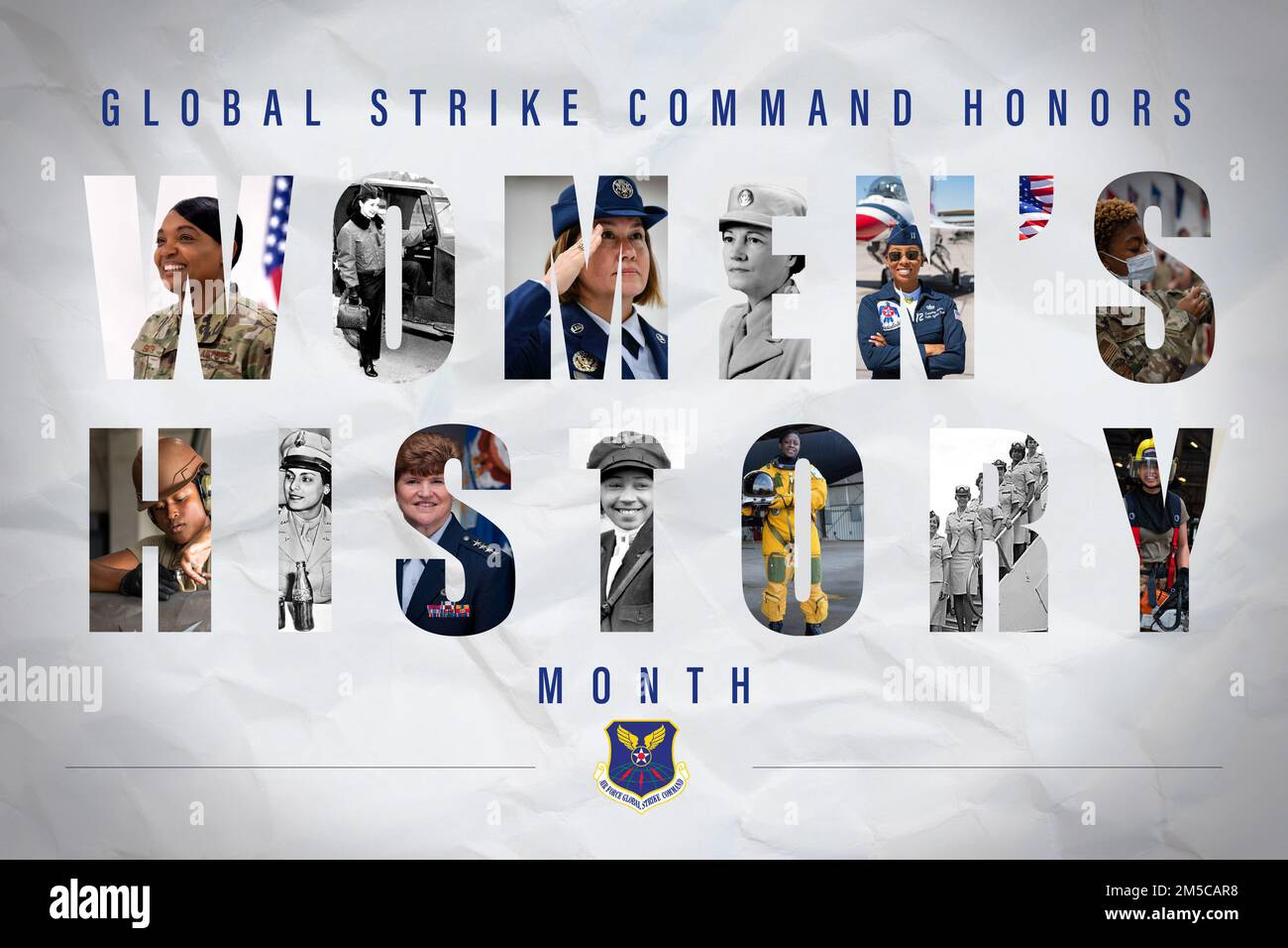 Prima fila, da sinistra a destra: Il Capo Maestro Sgt. Melvina Smith: Il Capo di comando dell'Air Force Global Strike Command; il Capitano Lillian Kinkela Keil: Infermiera di volo e una delle donne più decorate nella storia militare americana; CMSgt Joanne S. Bass: Prima donna e prima persona di discendenza asiatica americana a diventare Capo Maestro Sergente dell'aeronautica; il personale Sergente Esther McGowan Blake: Prima donna ad arruolarsi negli Stati Uniti Nelson: Primo ufficiale afro-americano delle Air Force Thunderbirds; Senior Airman Danielle Smith: 2nd Health Care Operations Sq Foto Stock