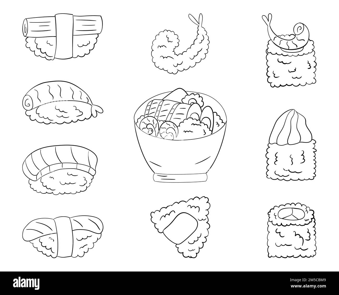 Set sushi, disegno vettoriale di line art su sfondo bianco. Illustrazione Vettoriale