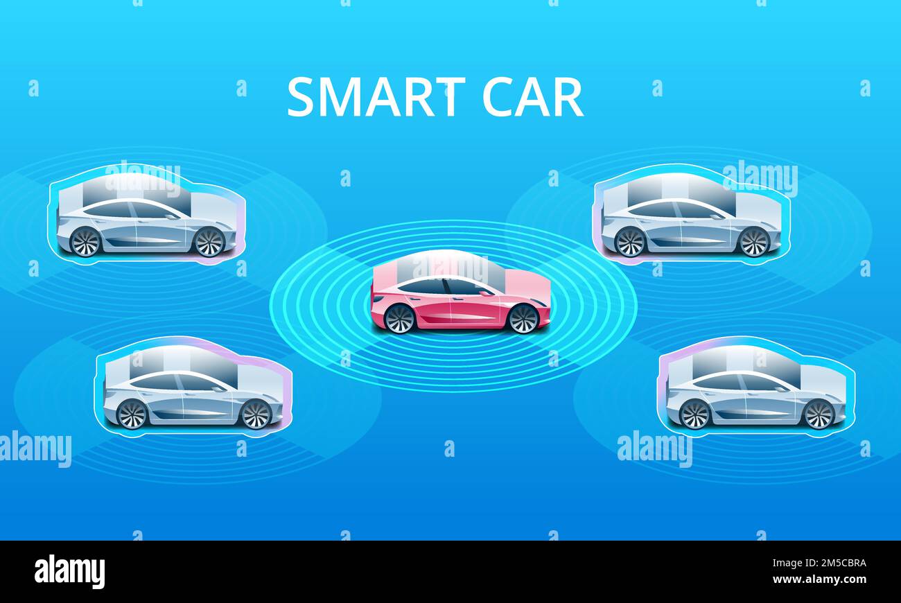 Intelligenti autonome auto va sulla strada nel traffico. Esegue la scansione della strada, osservare la distanza. Future Concept. Illustrazione Vettoriale