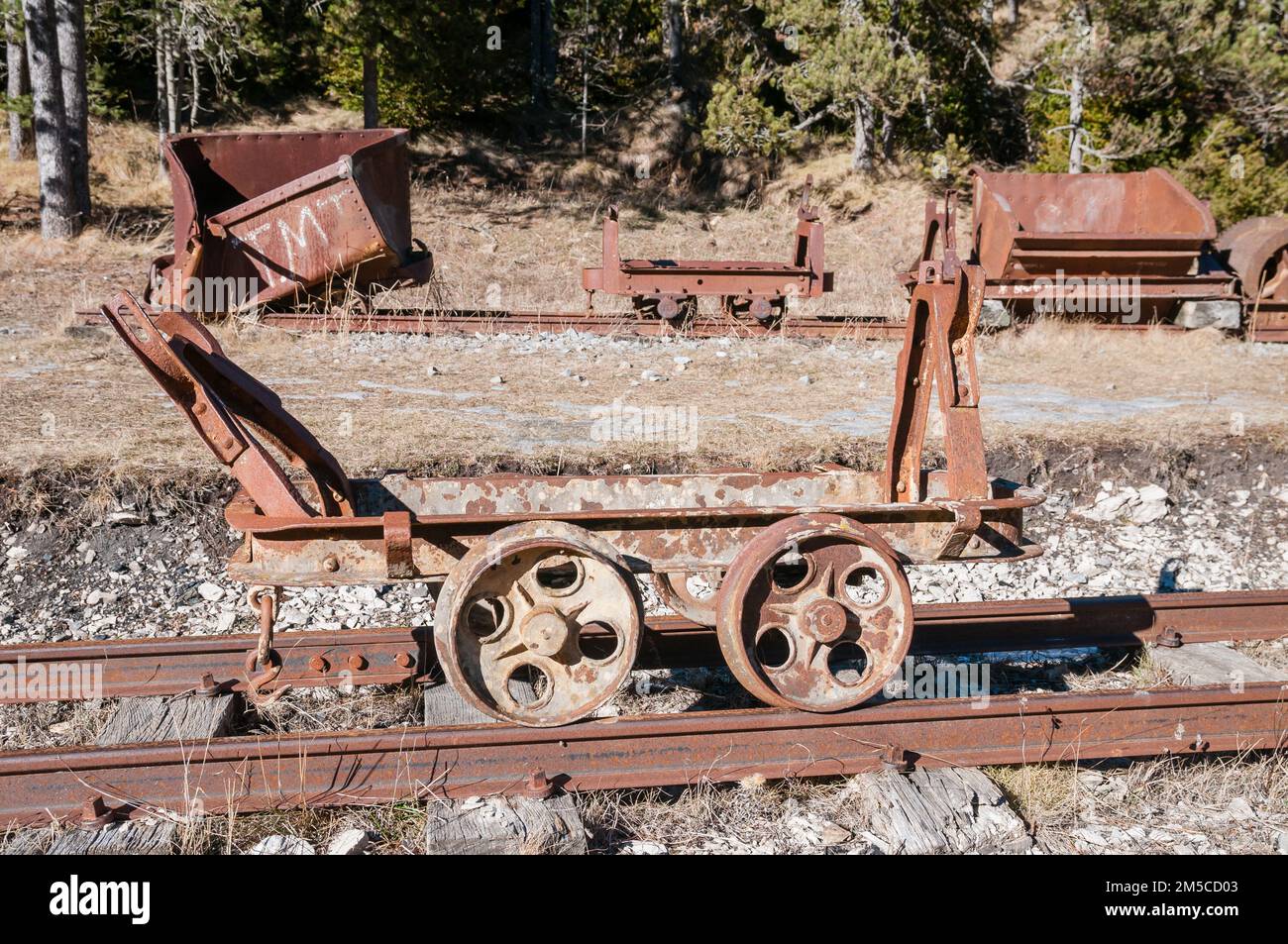 Carri minerari in disuso, vecchia rotta ferroviaria, Vallcebre, Catalogna, Spagna Foto Stock