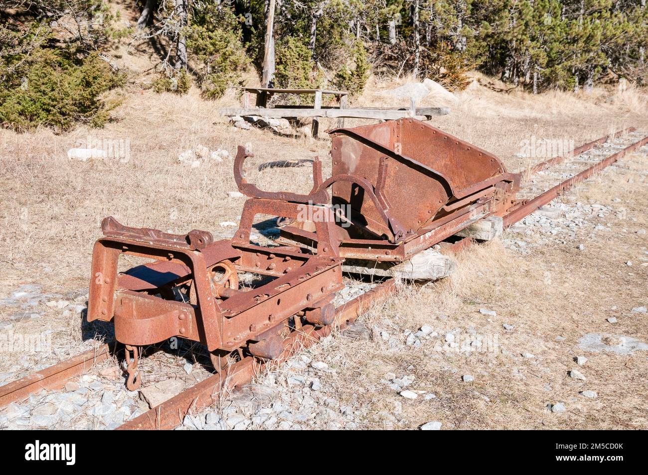 Carri minerari in disuso, vecchia rotta ferroviaria, Vallcebre, Catalogna, Spagna Foto Stock
