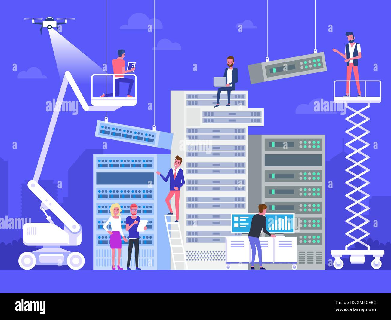 Persone in viaggio d'affari nella sala del data center. Gestione della rete di dati. Concetto di server di hosting e database di computer. Disegno piatto dell'illustrazione vettoriale Illustrazione Vettoriale