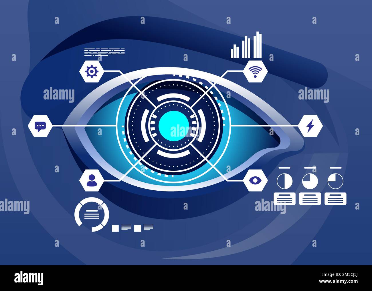 Realtà aumentata e futuro concetto di tecnologia Biotech. Ologramma futuristico che guarda a occhio nudo la grafica virtuale. Illustrazione vettoriale Illustrazione Vettoriale