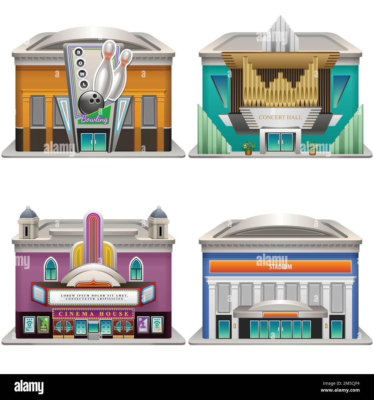 Edifici. Bowling, sala concerti, cinema, stadio. Illustrazione vettoriale. EPS 10. Illustrazione Vettoriale