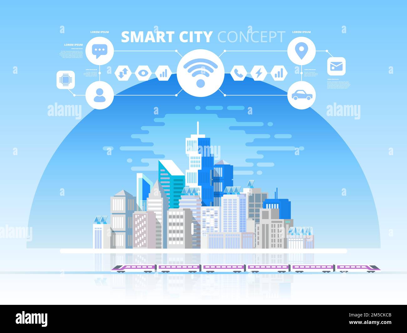 Smart City e rete di comunicazione wireless. Moderno design cittadino con tecnologia del futuro. Concetto di disegno vettoriale con icone Illustrazione Vettoriale
