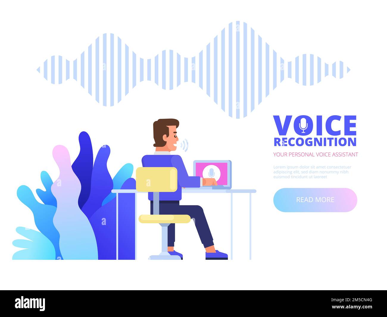Riconoscimento vocale. Concetto di tecnologia a onde sonore con riconoscimento vocale personale intelligente. Illustrazione piatta vettoriale Illustrazione Vettoriale