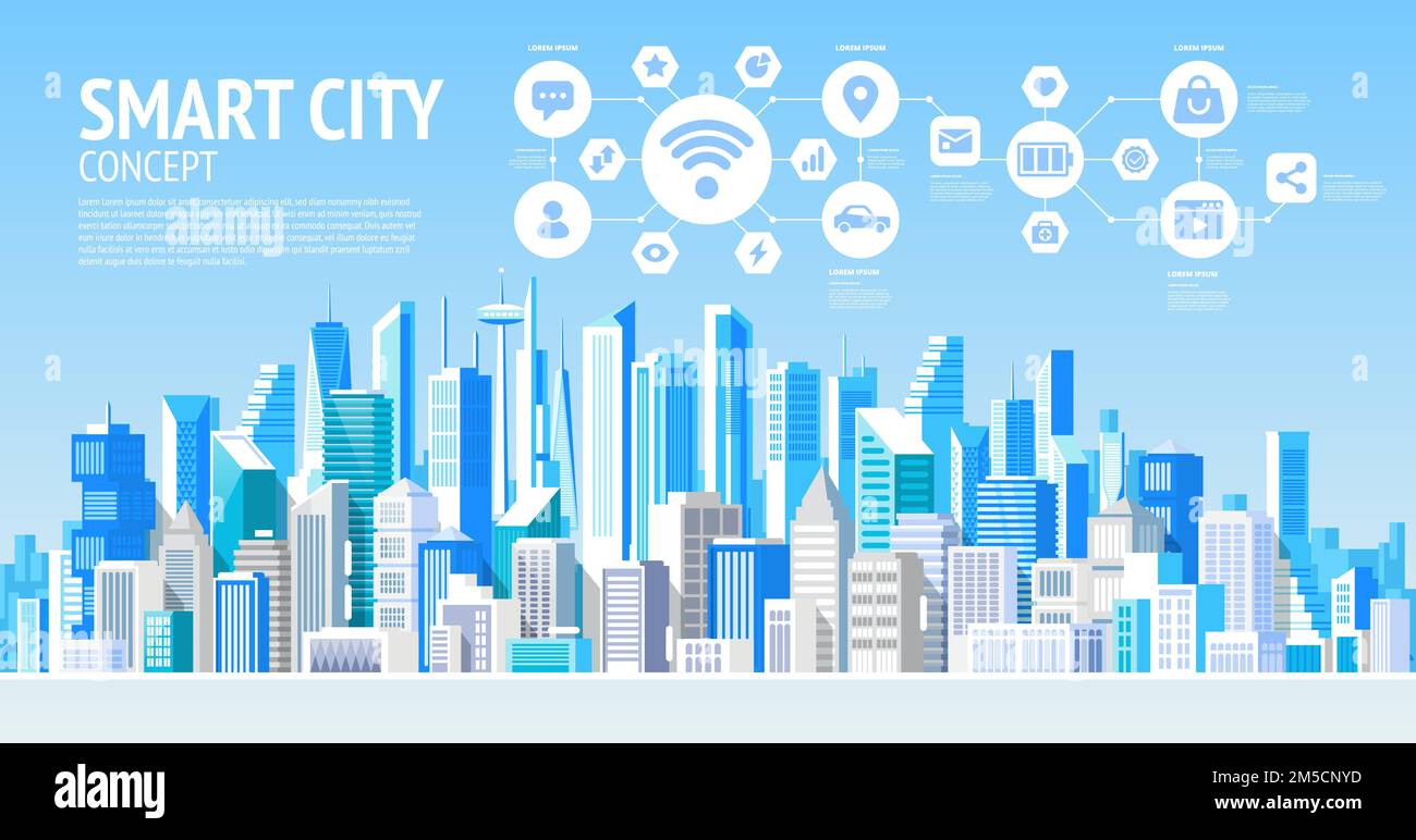 Città intelligente. Social Media comunicazione Internet Network connessione City Skyscraper Visualizza cityscape sfondo Vector Illustration Illustrazione Vettoriale