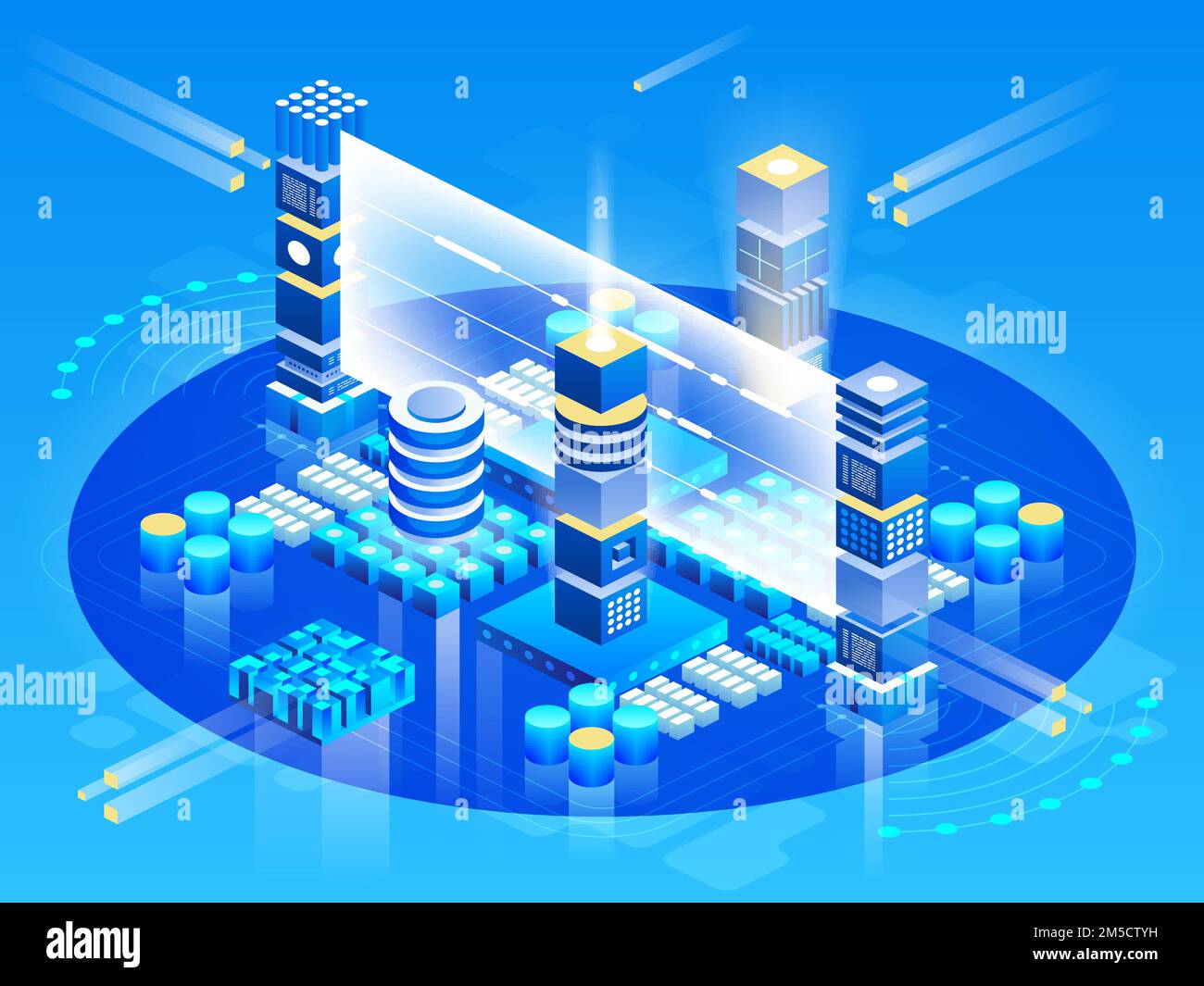 Calcolo di big data center, elaborazione delle informazioni, database. routing del traffico internet, tecnologia vettoriale isometrica per rack di sale server Illustrazione Vettoriale