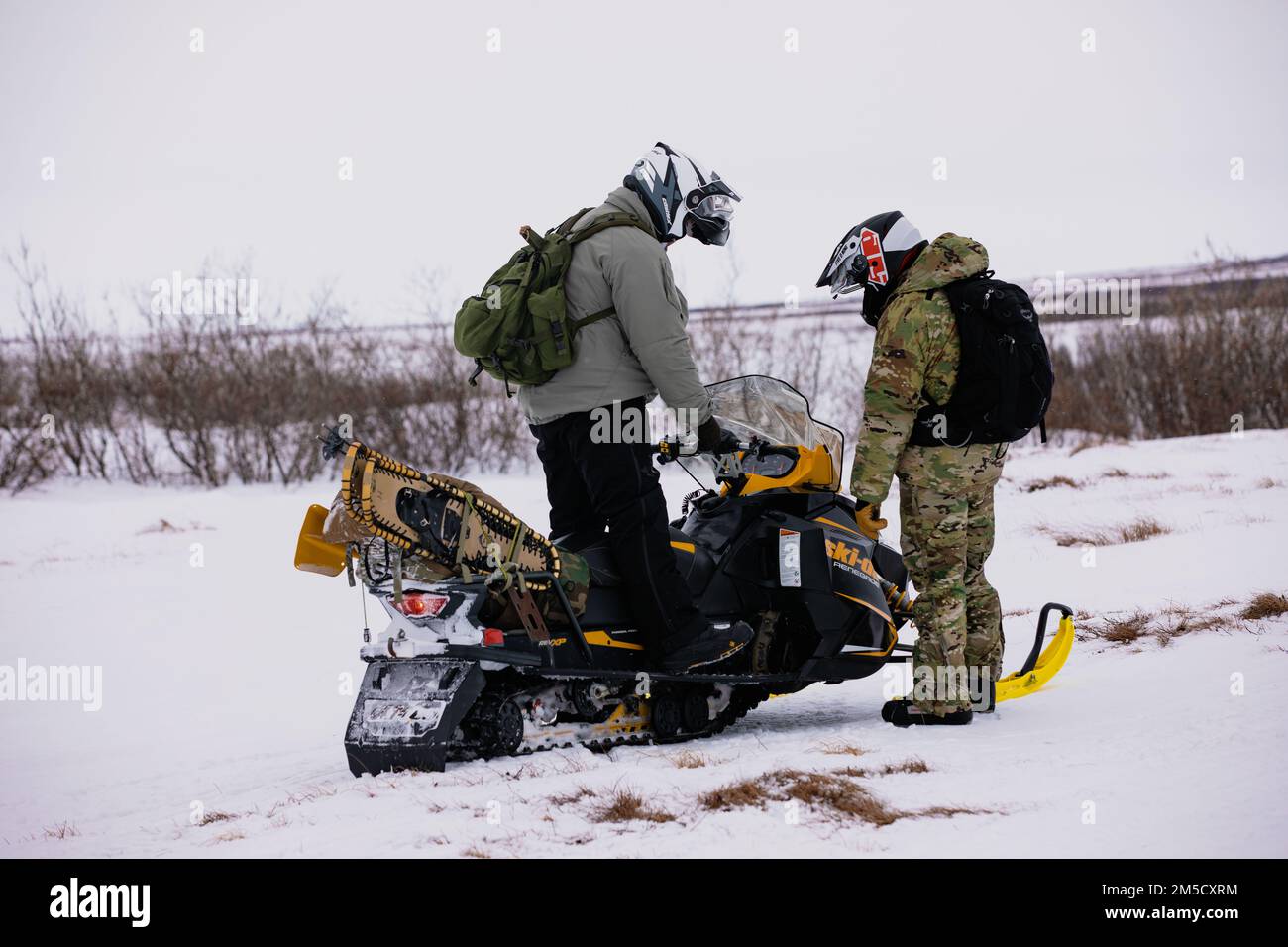STATI UNITI Soldati dell'esercito con il 5/19th Special Forces Group(A), Colorado Army National Guard, conducono un addestramento di ricognizione con la Alaska state Defense Force lungo la costa occidentale dell'Alaska durante l'esercitazione Arctic Eagle - Patriot a Nome, Alaska, 2 marzo 2022. Esercitazione Arctic Eagle-Patriot 2022 aumenta la capacità della Guardia Nazionale di operare in ambienti austeri e con temperature estremamente basse in tutta l'Alaska e la regione artica. AEP22 migliora la capacità dei partner tra agenzie militari e civili di rispondere a una serie di missioni di sicurezza in Alaska e nel territorio nazionale Foto Stock