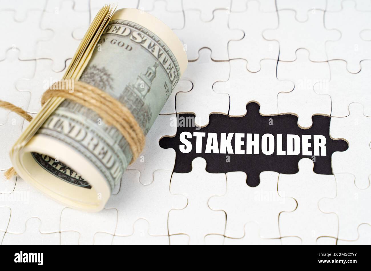 Concetto aziendale. I dollari si trovano su puzzle bianchi, su una superficie nera c'è un'iscrizione - Stakeholder Foto Stock