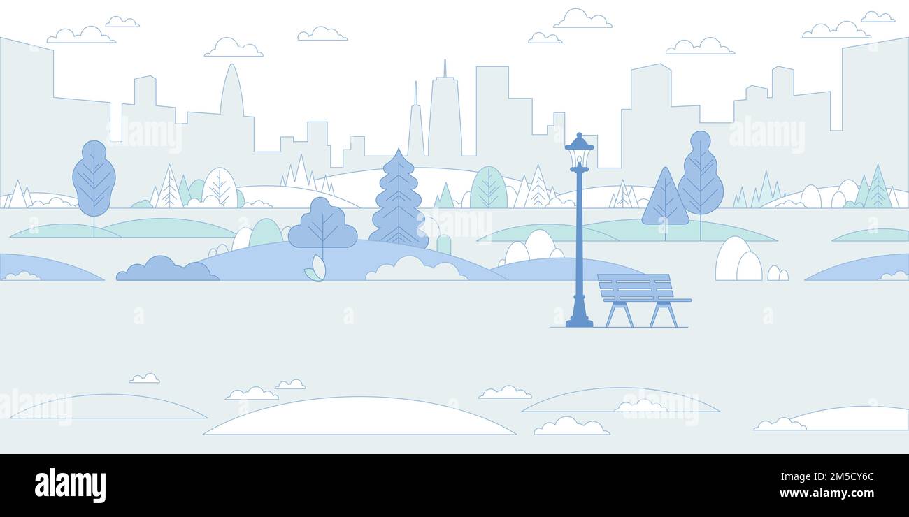 Panca del parco cittadino, prato e alberi, lampione stradale. Illustrazione del vettore di linea di stile piatto. Parco nel centro della città. Parchi e concetto di ricreazione. Illustrazione Vettoriale