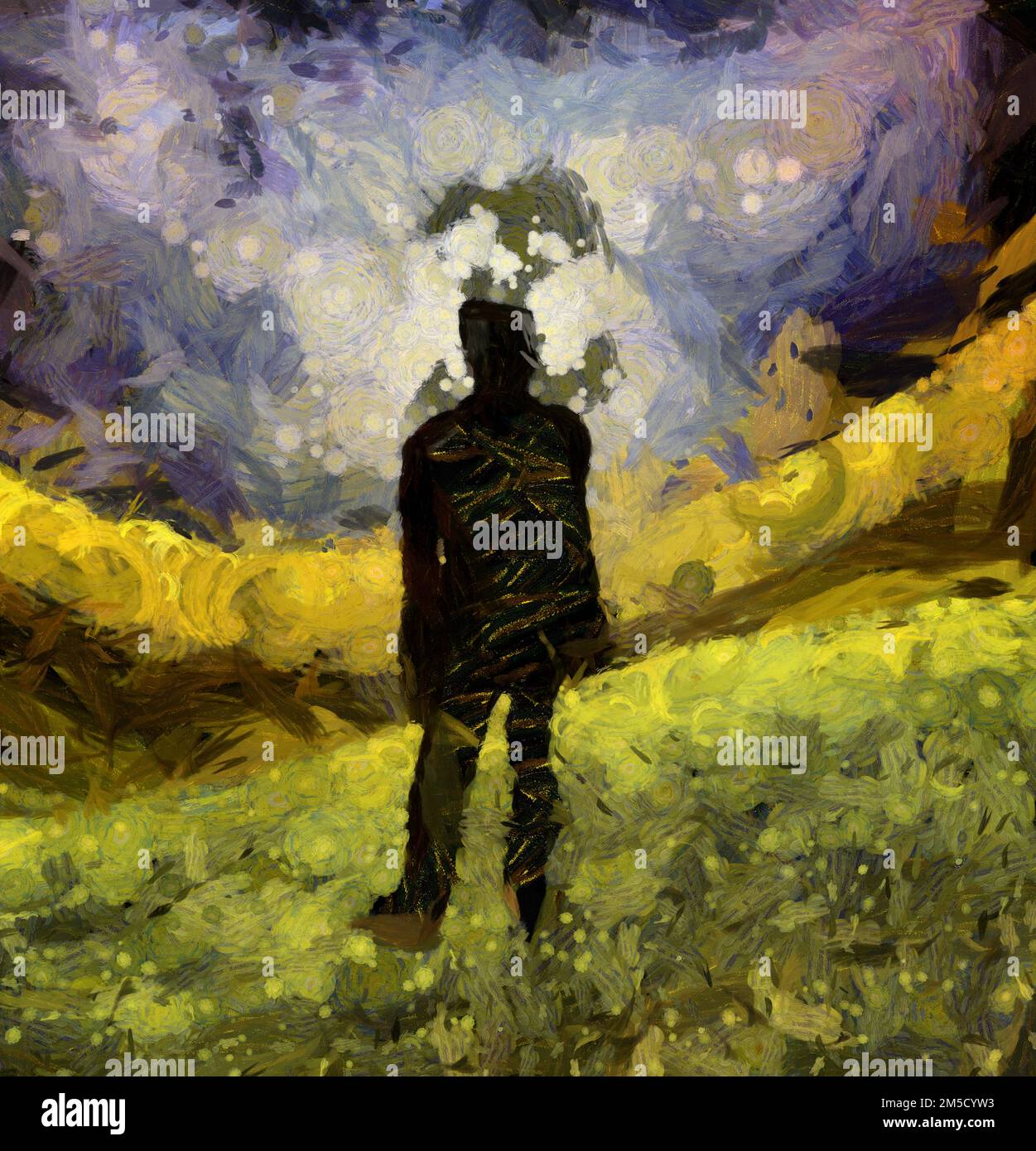 Pittura surreale. L'uomo in tuta è in piedi sul campo. Rendering 3D Foto Stock