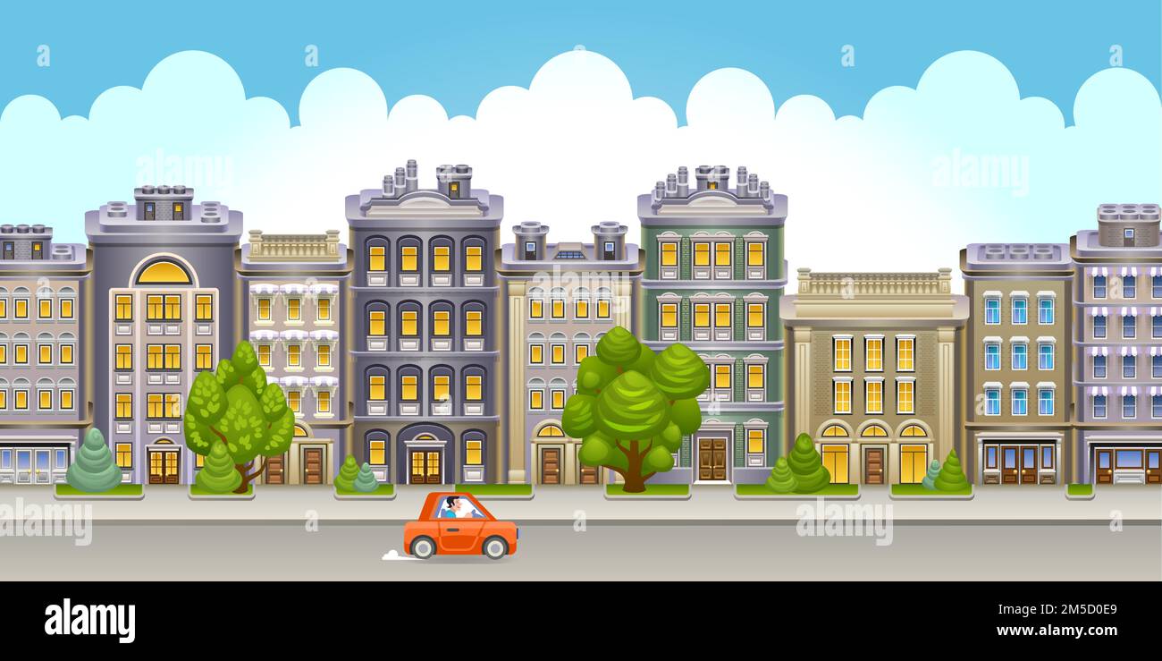 Vista sulla strada con edifici. Vector Illustrazione della strada principale di piccola città con gli edifici, gli alberi, le nuvole e l'automobile rossa. EPS 10. Illustrazione Vettoriale