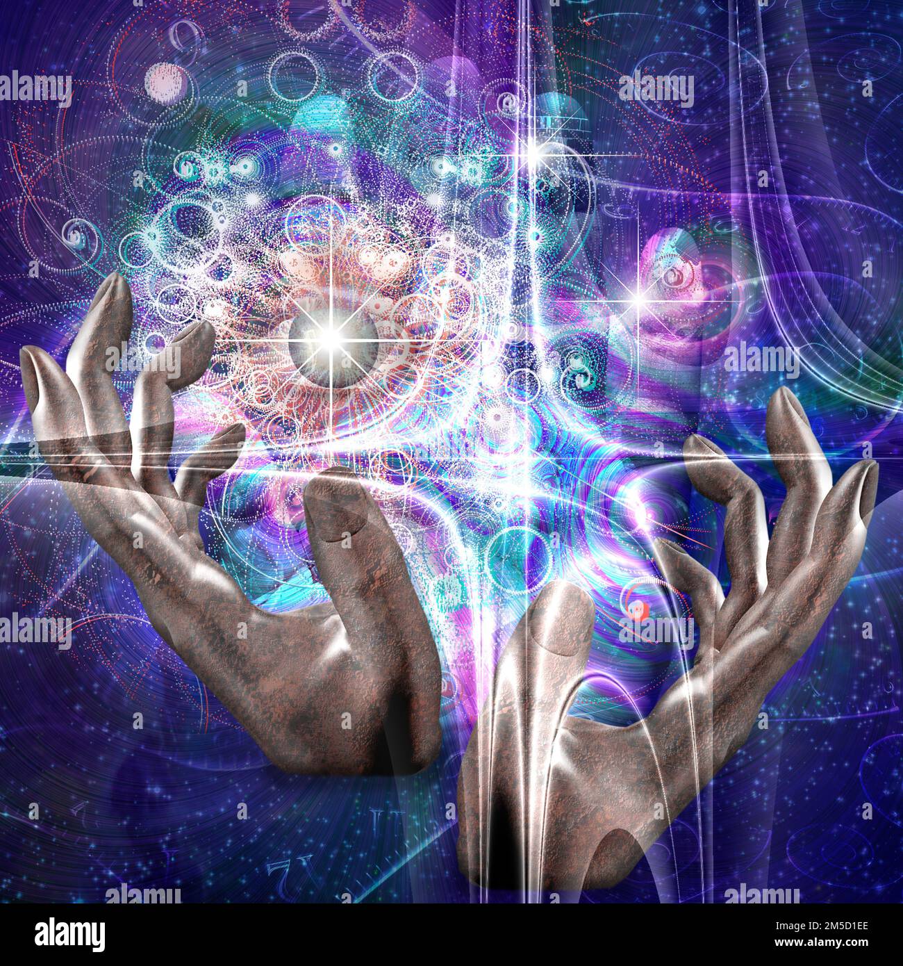 Le mani manipolano proprietà atomiche o di altro tipo dell'universo. Rendering 3D Foto Stock