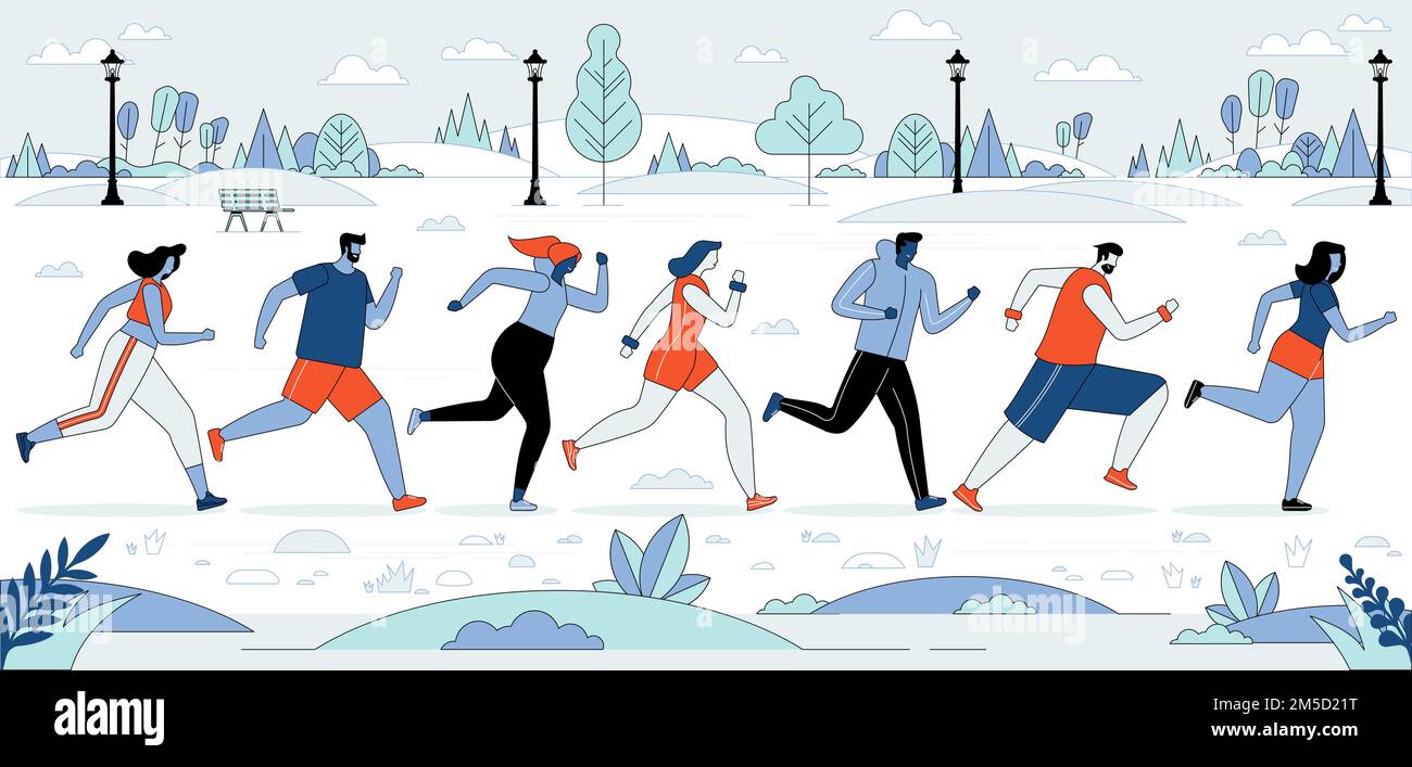 Gara di maratona, allenamento o esercizio all'aperto, atletica. Uomini e donne vestiti con abbigliamento sportivo, jogging o corsa nel parco. Vita attiva sana Illustrazione Vettoriale